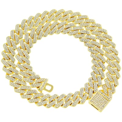 Chaîne Maille Cubaine 15MM Hip Hop Collier Homme Iced Out Chaîne Parisienne 2 Rangées Pavé Strass Miami Rhombus Cubain Collier Homme Femme 45cm