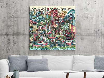 Doodle haven schilderij | Haven of Creativity: A Masterpiece of Doodled Artistry and Intrigue | Kunst - 40x40 centimeter op Dibond | Foto op Dibond