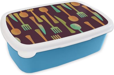 Broodtrommel Blauw - Lunchbox Keukengerei - Patroon - Retro - Brooddoos 18x12x6 cm - Brood lunch box - Broodtrommels voor kinderen en volwassenen
