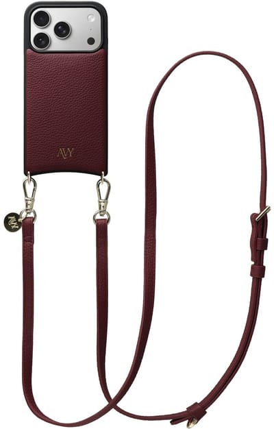 AVY Leren Hoesje Geschikt voor Apple iPhone 17 Pro | Compatibel met MagSafe | Leather Case met Telefoonkoord | Crossbody | Burgundy | Long Leather