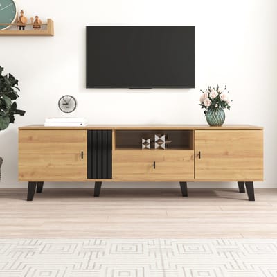 Sweiko 172cm TV kast met hout en zwart ontwerp, TV meubels, lowboard met laden, veelzijdige opslagfuncties, unieke uitstraling