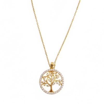 Goudkleurige ketting voor dames – levensboom hanger met glinsterende rand – elegante ronde hanger met fijne schakel ketting
