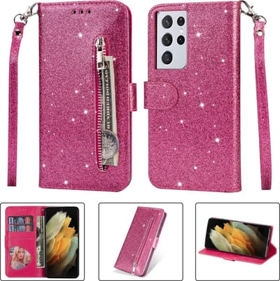 Portemonnee Hoesje - Wallet Case - Rits Sparkly Glitter - Telefoonhoes met Kord Geschikt voor: Samsung Galaxy S20 Ultra - Roze