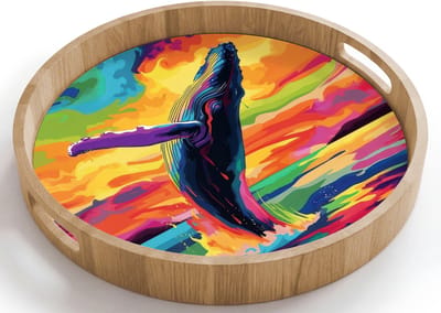 Dienblad rond 40x40 cm - Schootdienblad hout - Zonsondergang - Walvis - Geschilderd - Kleurrijk - Borrelplank rechthoek - Plateau houten dienbladen