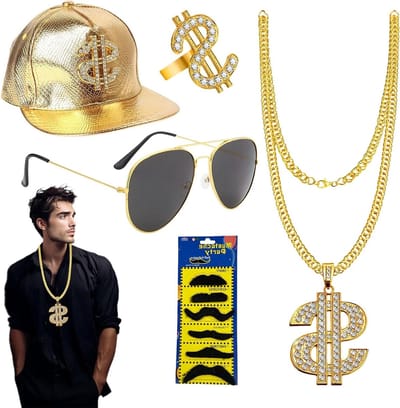 Authentieke 80s/90s Hip Hop Kostuumset voor Mannen - Compleet met Gouden Dollar Ketting, Ring, Zonnebril en Cap - Perfect voor Carnaval en Retro Feestjes