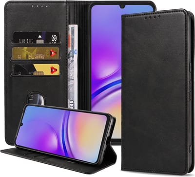 Smartphonica Telefoonhoesje geschikt voor Samsung Galaxy A05 kunstleren Hoesje met Magnetische sluiting en Pasjeshouders Book Case met Klepje - Zwart geschikt voor Samsung Galaxy A05