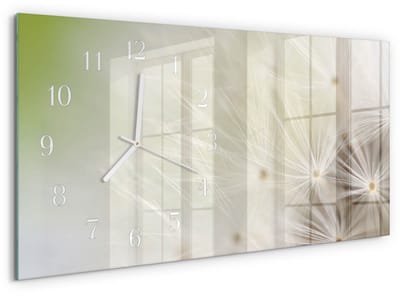 Tulup Wandklok - Paardebloem Glazen Wandklok Design - 60x30 cm - Romig Klok Glas Met Opdruk - Witte Handen - Rechthoekige Wandklok - Glazen Klok Met Print - Wandklok Glas Met Motief