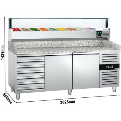 GGM Gastro Pizzakühltisch PREMIUM - 2000x800mm - mit 2 Türen & 7 Schubladen - inkl. Kühlaufsatzvitrine LED - 9x GN 1/3 Zilver