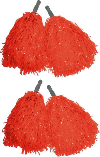 Cheerballs/pompoms - 4x - rood - met franjes en stick handgreep - 25 cm - voor kinderen