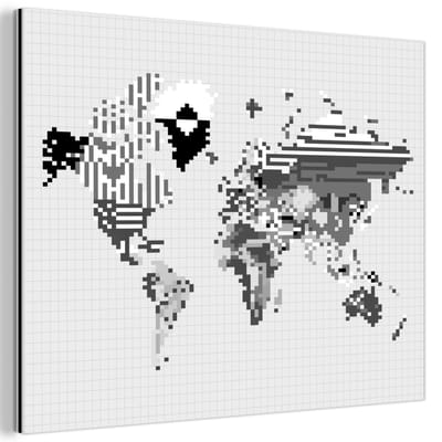 Aluminium schilderij 120x90 cm - Wanddecoratie metaal - Wereldkaart - Pixel - Zwart Wit - Metalen muurdecoratie woonkamer - Decoratie industrieel - Foto op dibond - Industriële accessoires slaapkamer