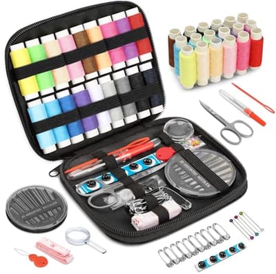 Complete Reisset voor Beginners - Professionele Naaikits met Naalden, Garens, Scharen, Meetlint en Duwvoet (18 Kleuren)