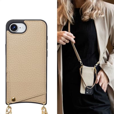 Selencia Hoesje - Geschikt voor Apple iPhone 17e / 16e - Backcover met koord en pashouder - Beige