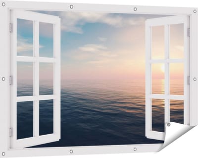 Gards Tuinposter Doorkijk Zee Water tijdens Zonsondergang - 120x80 cm - Tuindoek - Tuindecoratie - Wanddecoratie buiten - Tuinschilderij