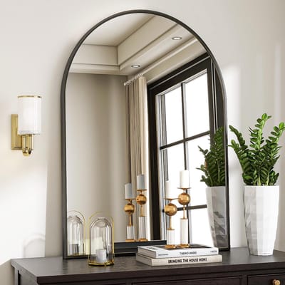 Boog Wandspiegel Zwart Metalen Frame voor Badkamer en Woonkamer