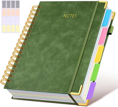 Hardcover Spiraalnotitieboek - Afneembare Tabbladen, 300 Pagina's, Leren 5-vaks - College Lijntjes, voor Werk & School - voor Vrouwen - Groen - B5 (20x25cm) - 1 Stuk