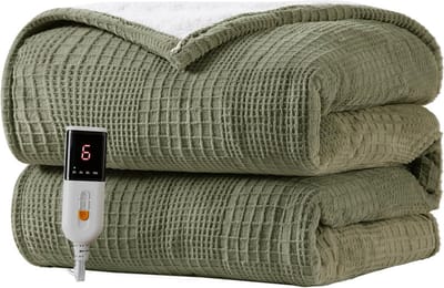 Elektrische Deken 150x200 cm - Verwarmde Deken met 9 Temperatuurstanden - Automatische Afsluiting na 10 Uur, Digitale Afstandsbediening, Wasmachinebestendig (Grijs Groen)