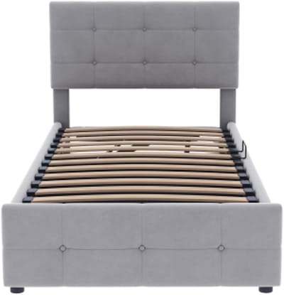 Gotagee Gestoffeerd bed kinderbed 90x200 cm, hydraulisch opbergbed, in hoogte verstelbaar hoofdeinde, eenpersoons hoog bedstee, fluwelen stof, grijs