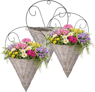 Mega Collections Plantenmand muurhanger Assen - 3x - grijs - H60 cm - wilg - bloempot/plantenpot