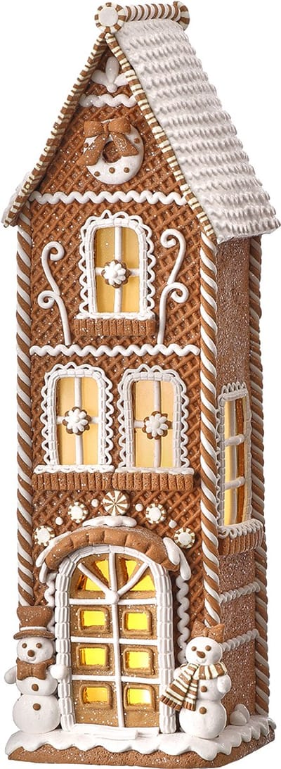 Viv! Christmas Kerstbeeld - Hoog Gingerbread Huis met Sneeuwpop incl. LED Verlichting - bruin wit - 43cm