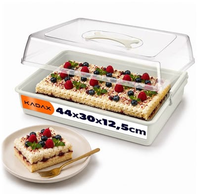Taarten- en gebakdoos met deksel, 44 x 30 x 12,5 cm - taarthouder van kunststof, transportbox met handvat, bakvorm, voor blikken cake, muffins, rechthoekig, voedselbox - Crème KADAX