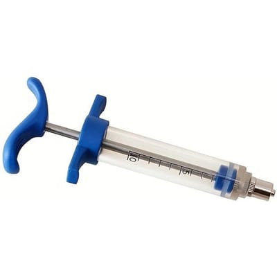 10ml Plastic Staal Injector voor Veterinair Gebruik - Blauwe Handvatten, Duurzame Plastic Spuit met Reserveonderdelen, Ideaal voor Veehouderij en Veterinaire white