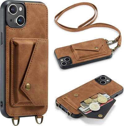 Casemania Hoesje Geschikt voor Apple iPhone 14 Plus - Sienna Brown - Luxe Backcover met Koord en Magnetische Sluiting - Portemonnee Wallet Case met Pasjeshouder en Opbergvak - Lanyard Telefoonhoes - Cord Case