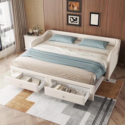 Dagbed met bedlade - Slaapbank Linnen - Ruimte Besparen - Uittrekbaar - 90 x 200 cm - Beige