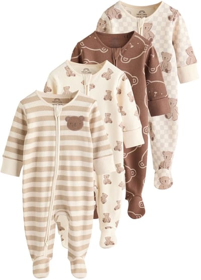Next - Jongens - Set van 4 babypyjama's met berenprint en tweewegrits - Bruin