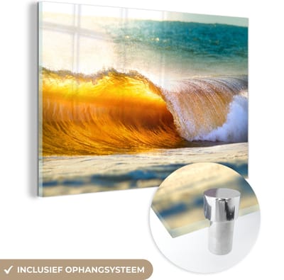 MuchoWow® Glasschilderij 120x80 cm - Schilderij acrylglas - Golf - Water - Zee - Foto op glas - Muurdecoratie woonkamer - Wanddecoratie slaapkamer - Schilderijen