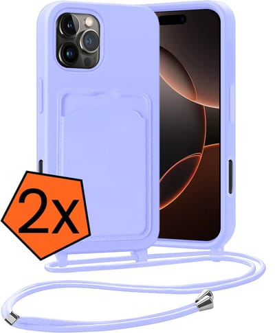 Hoesje Geschikt voor iPhone 16 Pro Max Hoesje Met Telefoonketting Pasjeshouder Case Koord - Hoesje Geschikt voor iPhone 16 Pro Max Hoes Met Kaarthouder - Lila - 2 PACK