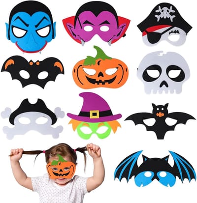 Halloween kinderfeestmaskers set van 10, vrolijke cartoon ontwerpen voor piraten, heksen en pompoenen, perfect voor verjaardagsfeesten en themafeesten