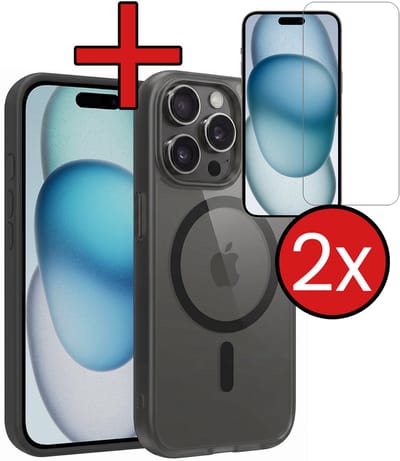 Hoesje - Met 2x Screenprotector - Geschikt voor Apple iPhone 15 Pro - Magsafe Compatible - Sterk & Shockproof - Shock Proof Case - Back Cover - Telefoon Hoes - Telefoonhoes - Zwart