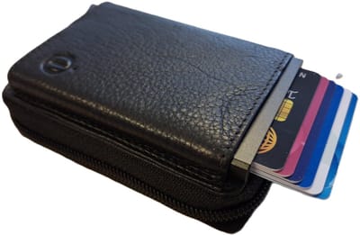 OI zwarte leren ritsportemonnee met Figuretta pasjeshouder / Compact portemonneetje met Cardprotector en veel plek voor muntgeld / beursje met ruim ritsvak met RFID SAFE kastje / metalen pasjeshouder in anti skim ritsportemonnee / zwart leer /646