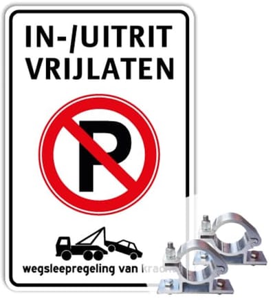 Bord in-/ uitrit vrijlaten - Verboden te parkeren - Weerbestendig Aluminium - 40x60 cm - Bevestiging: Met paalbeugels Ø48mm
