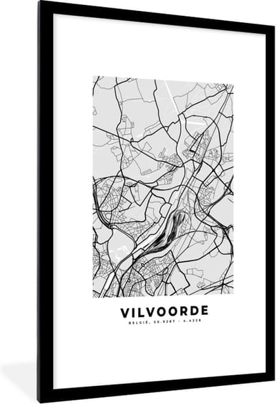 Fotolijst incl. Poster Zwart Wit- Plattegrond – Vilvoorde – Zwart Wit – Stadskaart - Kaart - 80x120 cm - Posterlijst