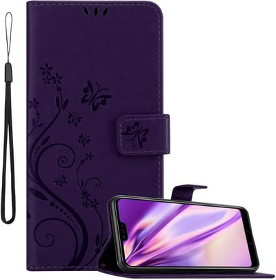 Cadorabo Hoesje geschikt voor Honor 10 in BLOEMEN DONKER PAARS - Beschermhoes in bloemmotief met magnetische sluiting, standfunctie en kaartsleuven Book Case Cover Etui