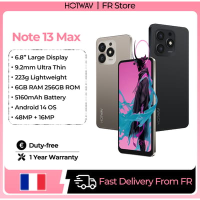 HOTWAV Note 13 Max 9,2 mm ultradunne mobiele telefoon 6,8'' HD+ scherm Android 14 6GB RAM 256GB ROM Octa-core mobiel 48MP + 16MP camera 5160mAh batterij Lichtgewicht 1080P GPS smartphone