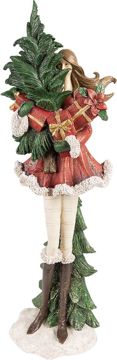 Clayre & Eef Beeld Meisje 17x13x49 cm Rood Polyresin Kerstdecoratie