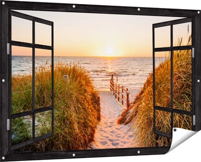 Gards Tuinposter Doorkijk Voetpad in de Duinen met Zonsondergang - 150x100 cm - Tuindoek - Tuindecoratie - Wanddecoratie buiten - Tuinschilderij