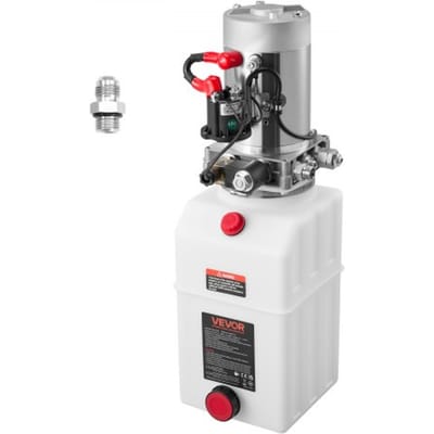 VEVOR 7 Qt hydraulische krachtbron, enkelwerkende kipperaanhangerpomp, maximale openingsdruk 22 MPa en debiet 3,4 l/min, 12 V DC hydraulische pomp met metalen reservoir voor kipperaanhangers, wit