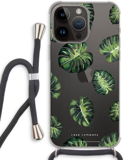 Case Company® - Hoesje met koord geschikt voor iPhone 14 Pro Max hoesje met Koord - Tropische bladeren - Telefoonhoesje met Zwart Koord - Bescherming aan alle Kanten en Over de Schermrand