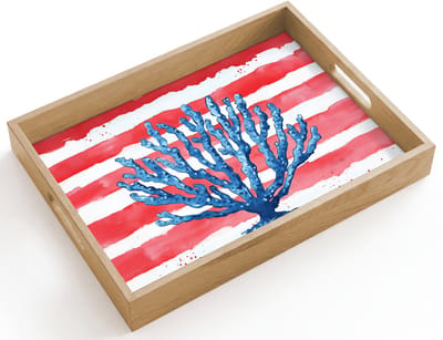 Dienblad hout 40x30 cm - Schootdienblad - Koraal - Verfstructuur - Rood - Blauw - Borrelplank rechthoek - Plateau dienbladen
