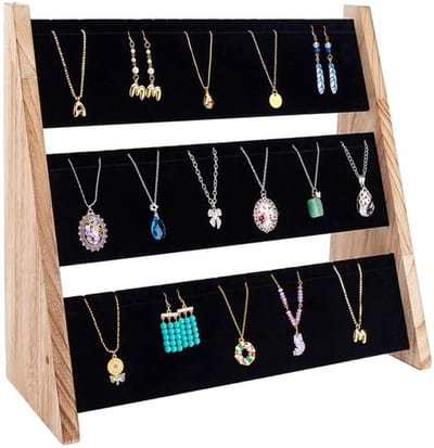 Dailygoods- Sieraden Display 3-laags - Houten Houder - Zwart Fluweel - Grote