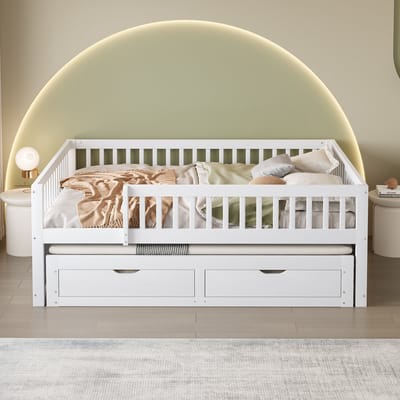Wishdor Multifunctionele Slaapbank – 140 x 200 cm – Uitschuifbed met 2 Lades – Rondom Veiligheidshek – Hout Wit – Lattenbodem met 29 Latten – Ruimtebesparend voor Kinderkamer of Logeerkamer – Stevig tot 200 kg