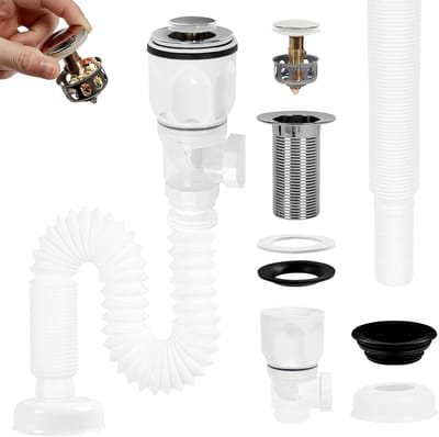 wastafel afvoergarnituur set, sifon wastafel set met pop-up afvoerstop, afvoerbuis set voor wastafel afvoer, voor badkamer, toilet, keukenspoelbak, uittrekbaar van 300-1000mm, Wit