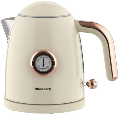 Klausberg - Waterkoker - Retro Waterkoker - Kleine Elektrische Waterkoker - Thee Waterkoker met Thermometer - Compacte Waterkoker Design - Keukenapparaat - 1L - 1200W - RVS - Crème