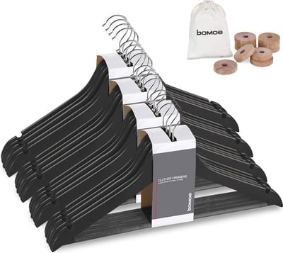 Houten Kledinghanger Set van 20 stuks - Zwart - 360° Draaibaar Kleerhangers met Broeklat FSC® Gecertificeerd anti-slip ruimtebesparende Hangers broekhanger hout hanger