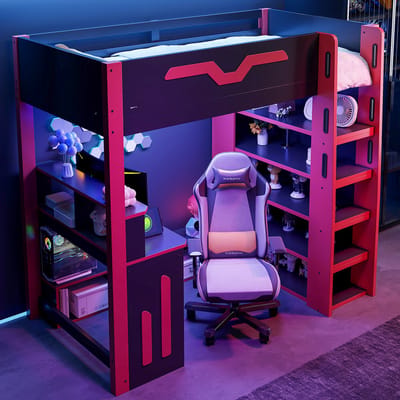 HAUSS SPOLE Hoogslaper 90x200 cm - Met Bureau, Opbergtrap en Ledverlichting - Zonder Matras - Hout - Zwart en Rood