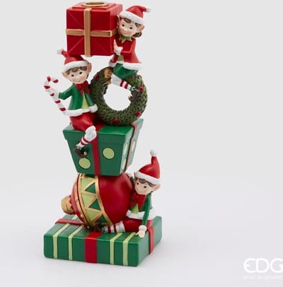 EDG - Enzo De Gasperi Kerst tafeldecoratie kandelaar met elfjes met snoep rood groen H31X14X12
