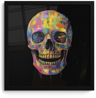 Poster in lijst - Fotolijst 40x40 cm - Posters - Penseelstreken - Schedel - Kleurrijk - Abstract - Posterlijst zwart - Decoratie - Wanddecoratie woonkamer - Muurdecoratie slaapkamer